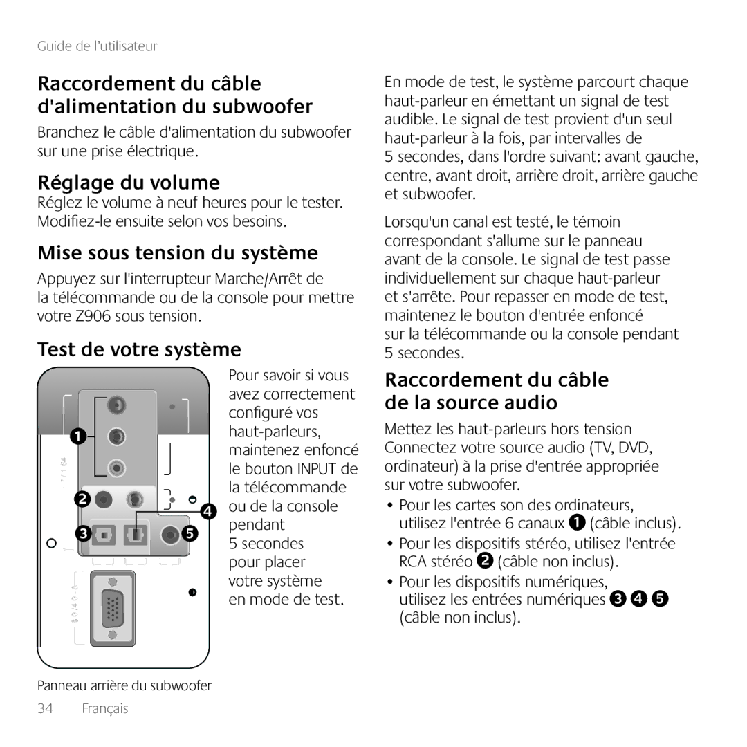 Logitech Z906, 980000467 Raccordement du câble dalimentation du subwoofer, Réglage du volume, Mise sous tension du système 