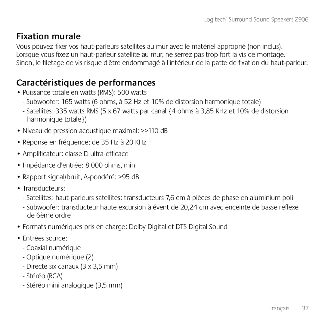 Logitech 980000467, Z906 manual Fixation murale, Caractéristiques de performances 