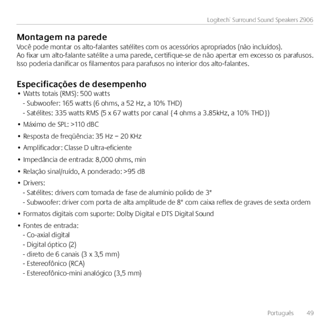 Logitech 980000467, Z906 manual Montagem na parede, Especificações de desempenho 