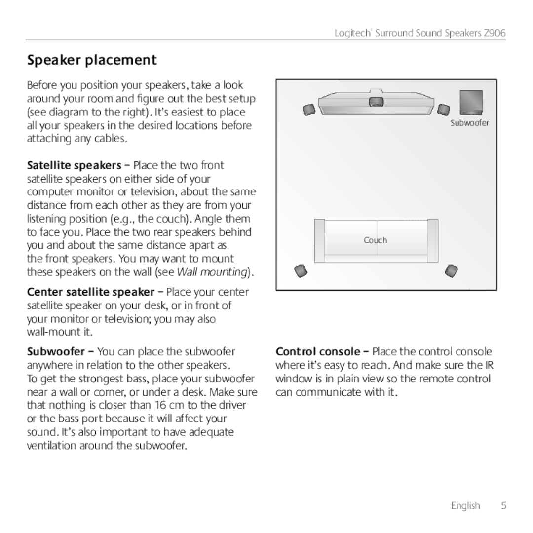 Logitech 980000467, Z906 manual Speaker placement 