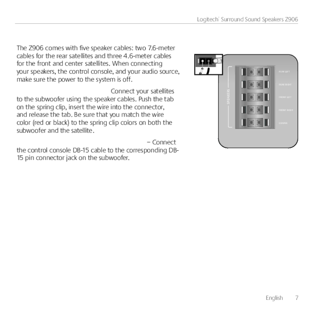 Logitech 980000467, Z906 manual Connecting your speaker cables 