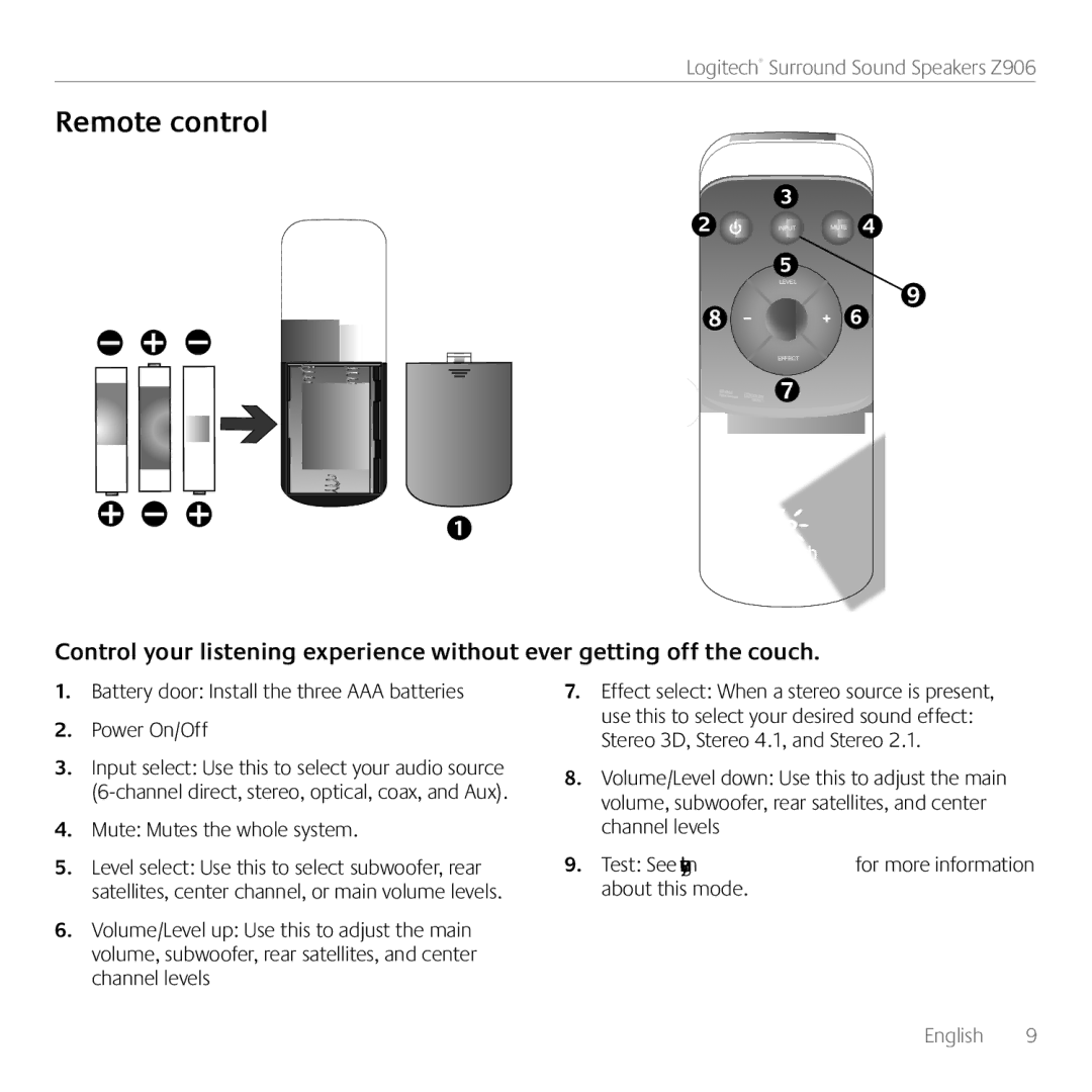 Logitech 980000467, Z906 manual Remote control, Battery door Install the three AAA batteries Power On/Off 