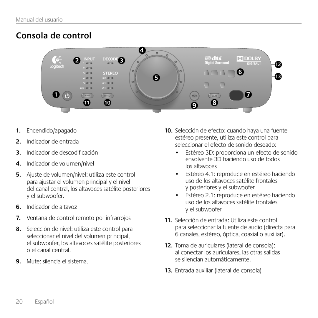 Logitech Z906, 980000467 manual Consola de control, Manual del usuario, Español 