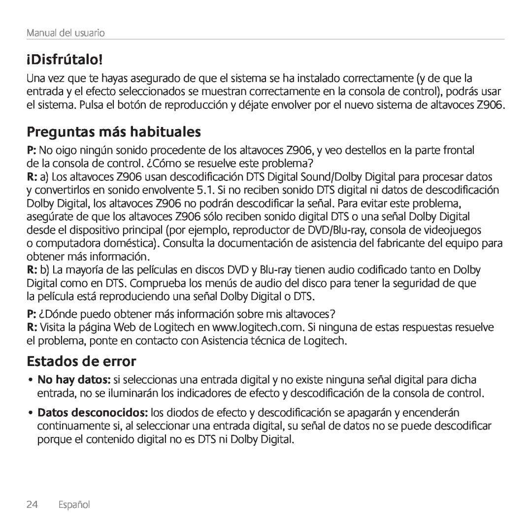 Logitech Z906, 980000467 manual ¡Disfrútalo, Preguntas más habituales, Estados de error, Manual del usuario, Español 