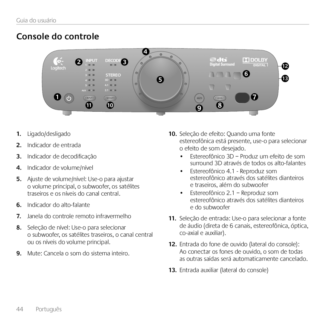 Logitech Z906, 980000467 manual Console do controle, Guia do usuário, Português 