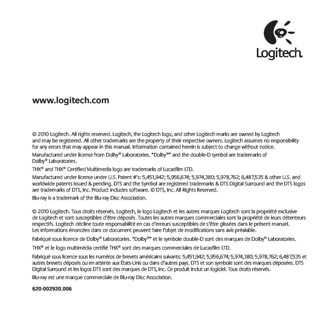 Logitech Z906, 980000467 manual 620-002920.006 