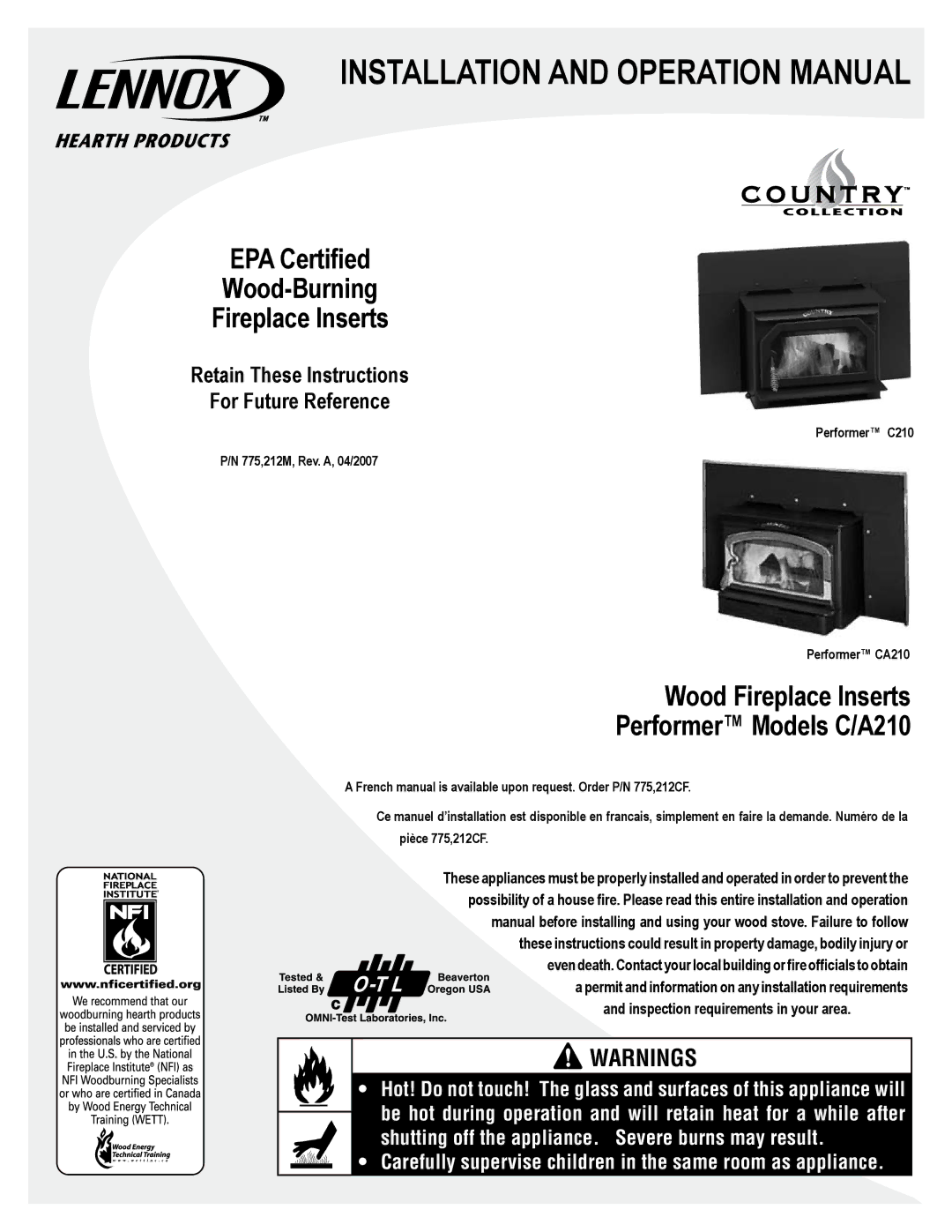 Logitek Standard Elec. Cable Manufacturing C/A210 operation manual EPA Certified Wood-Burning Fireplace Inserts 