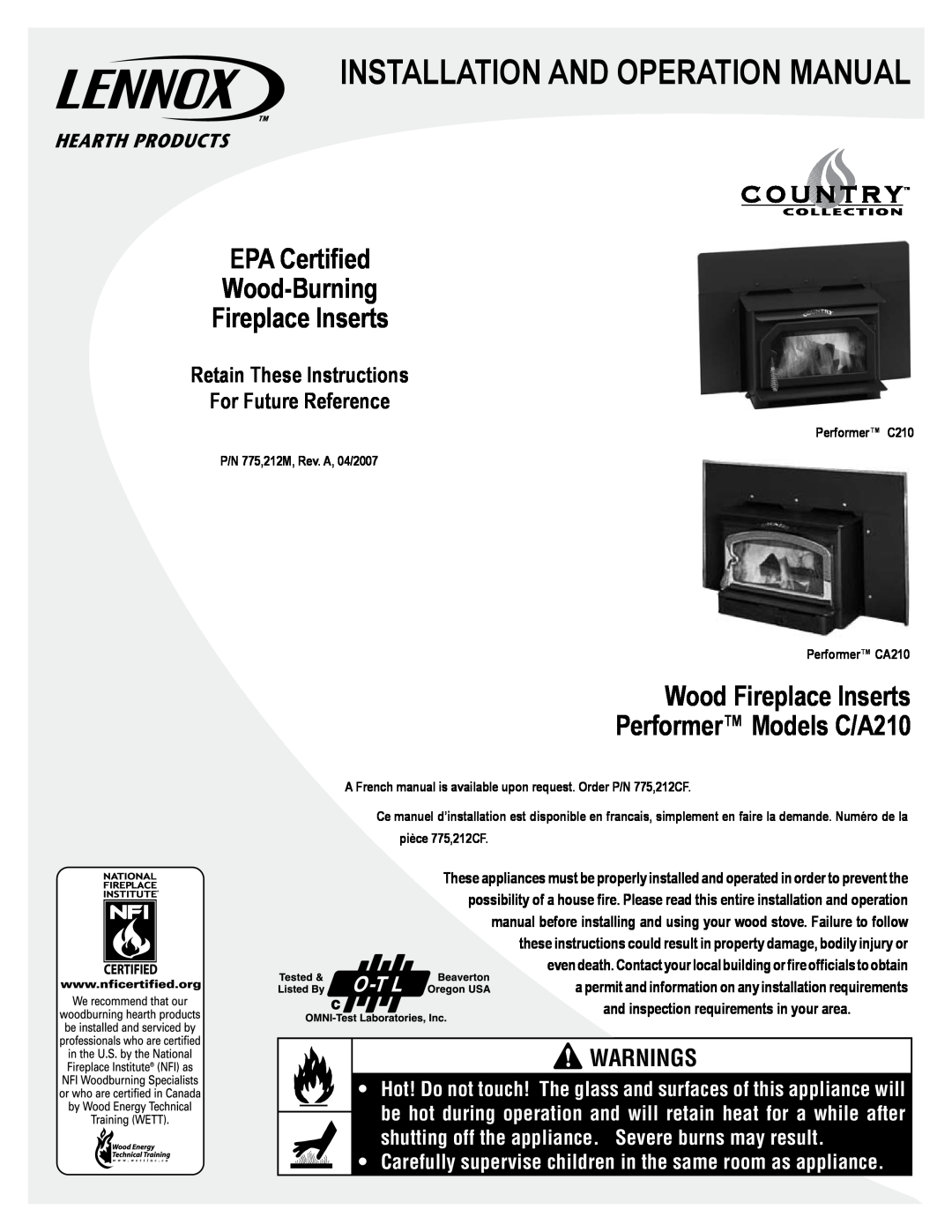 Logitek Standard Elec. Cable Manufacturing C/A210 operation manual EPA Certified Wood-Burning Fireplace Inserts, Warnings 