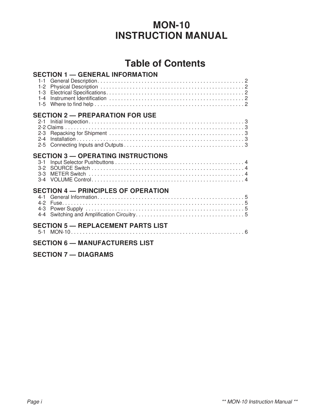 Logitek Standard Elec. Cable Manufacturing service manual MON-10 Table of Contents 