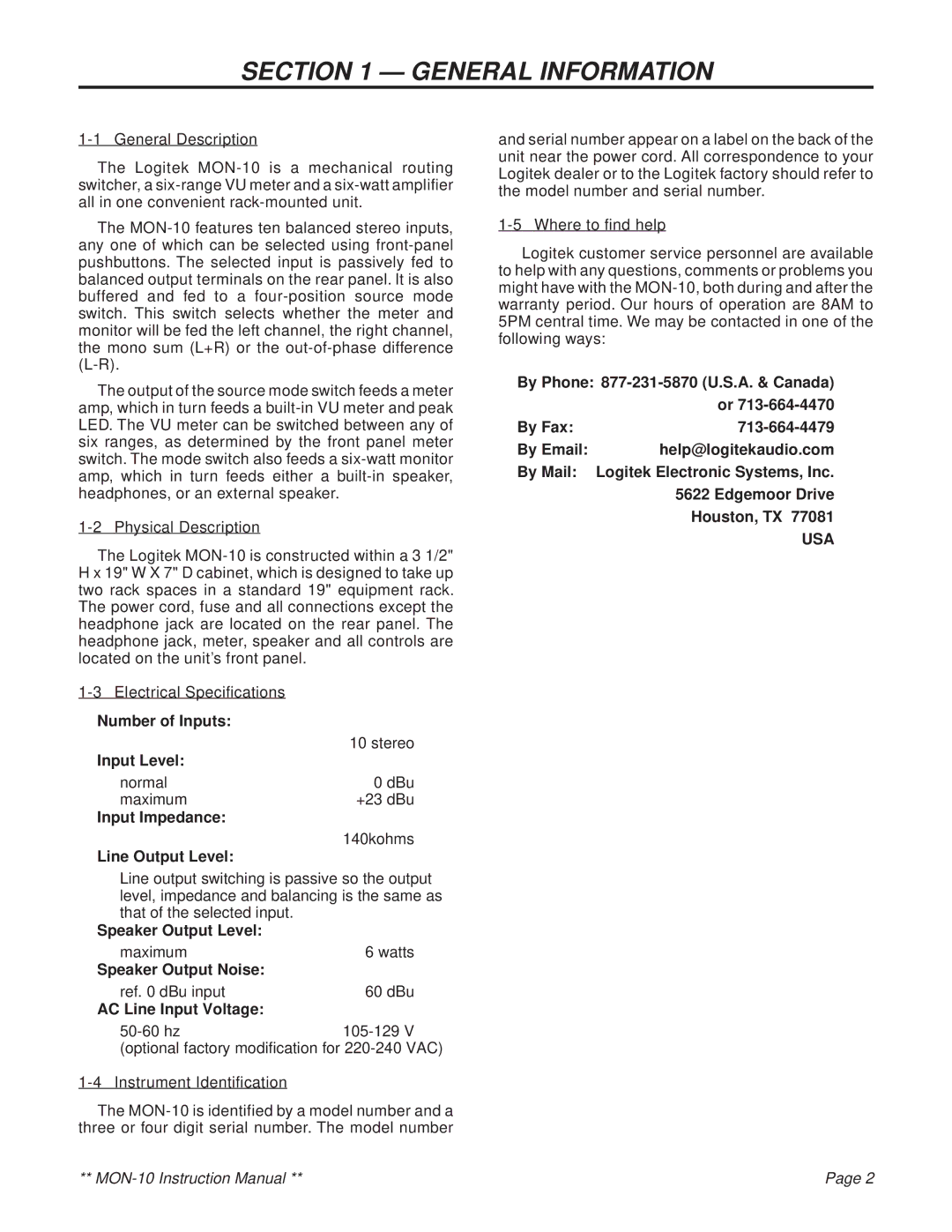 Logitek Standard Elec. Cable Manufacturing MON-10 service manual General Information 