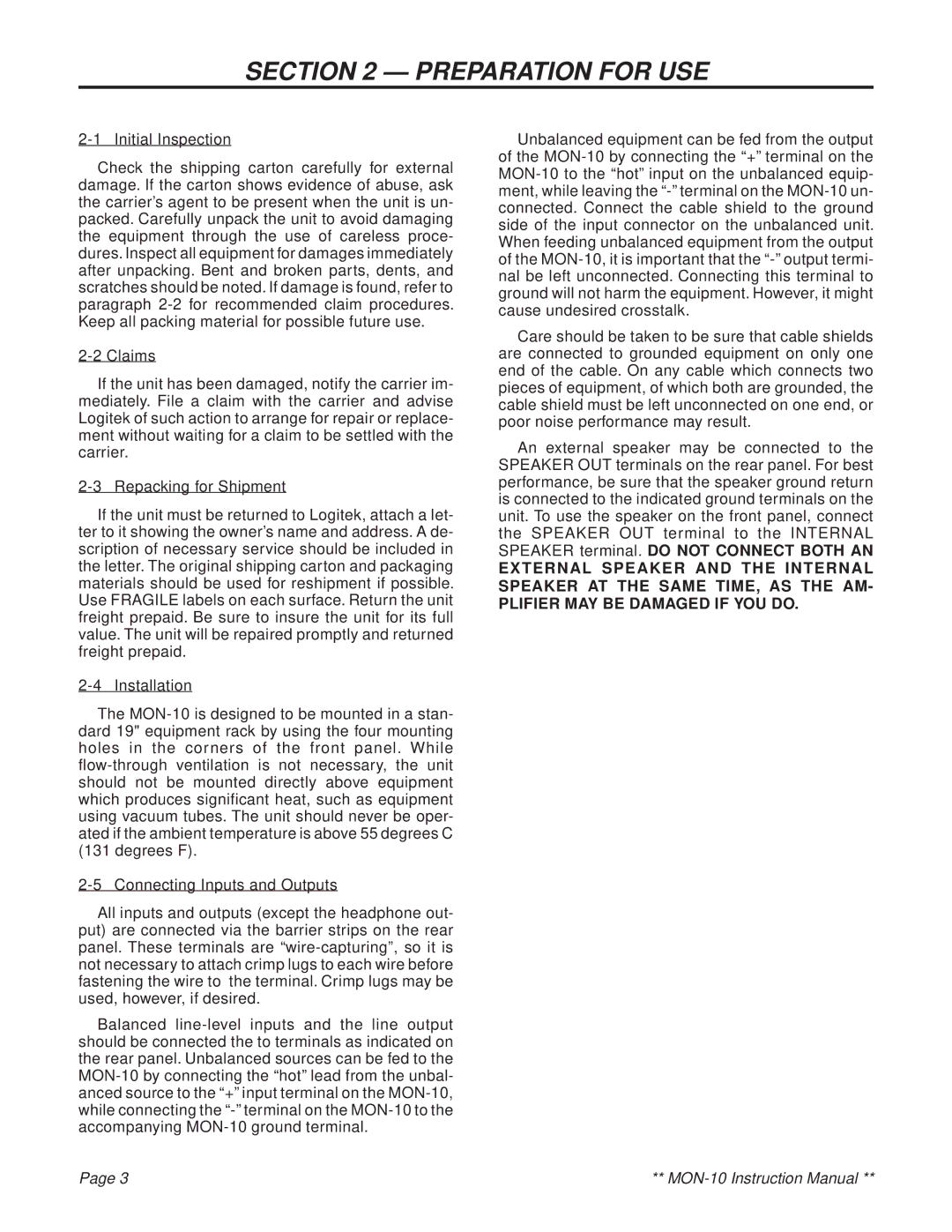 Logitek Standard Elec. Cable Manufacturing MON-10 service manual Preparation for USE 