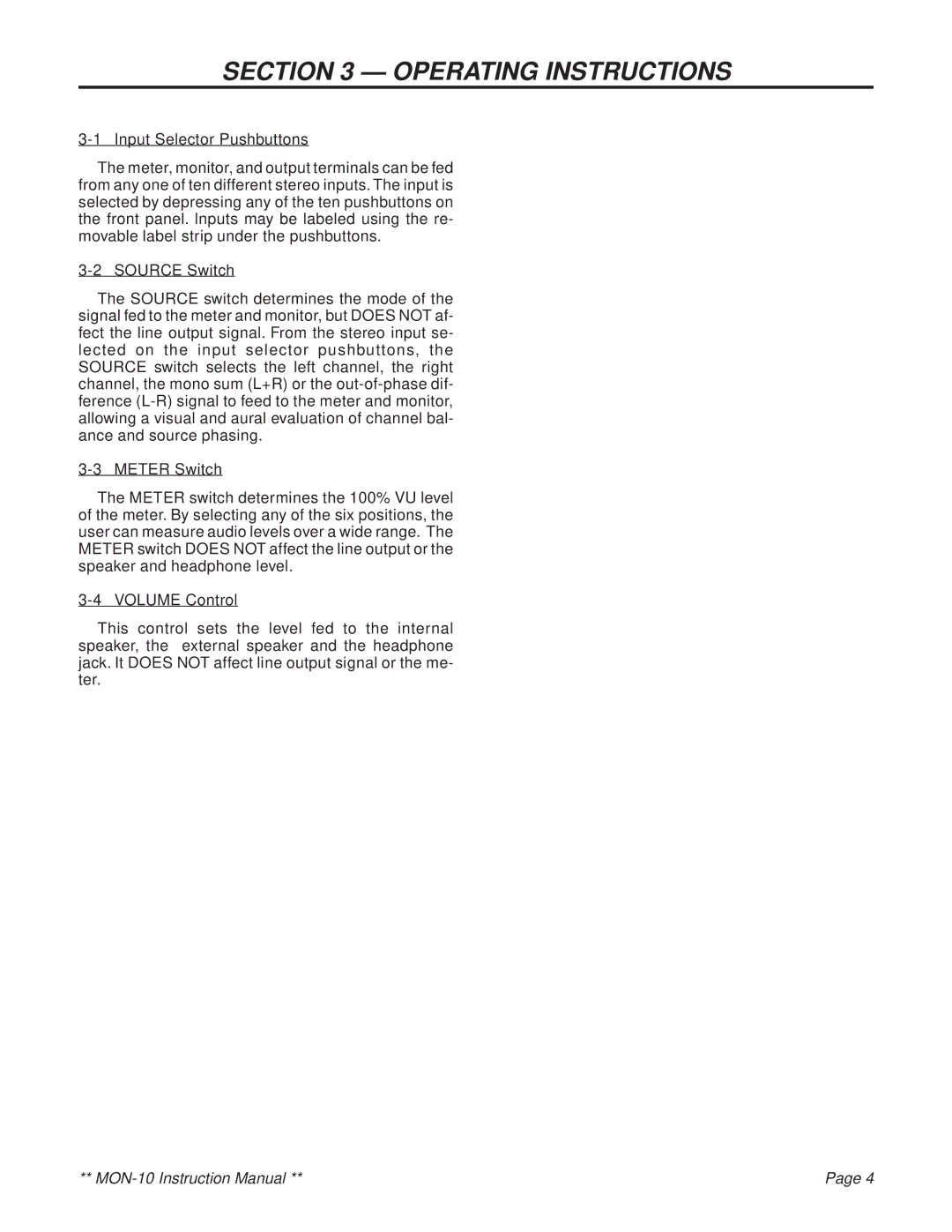 Logitek Standard Elec. Cable Manufacturing MON-10 service manual Operating Instructions 