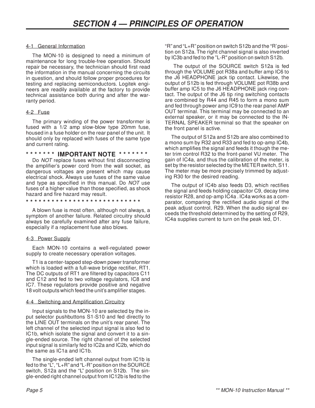 Logitek Standard Elec. Cable Manufacturing MON-10 service manual Principles of Operation, Important Note 