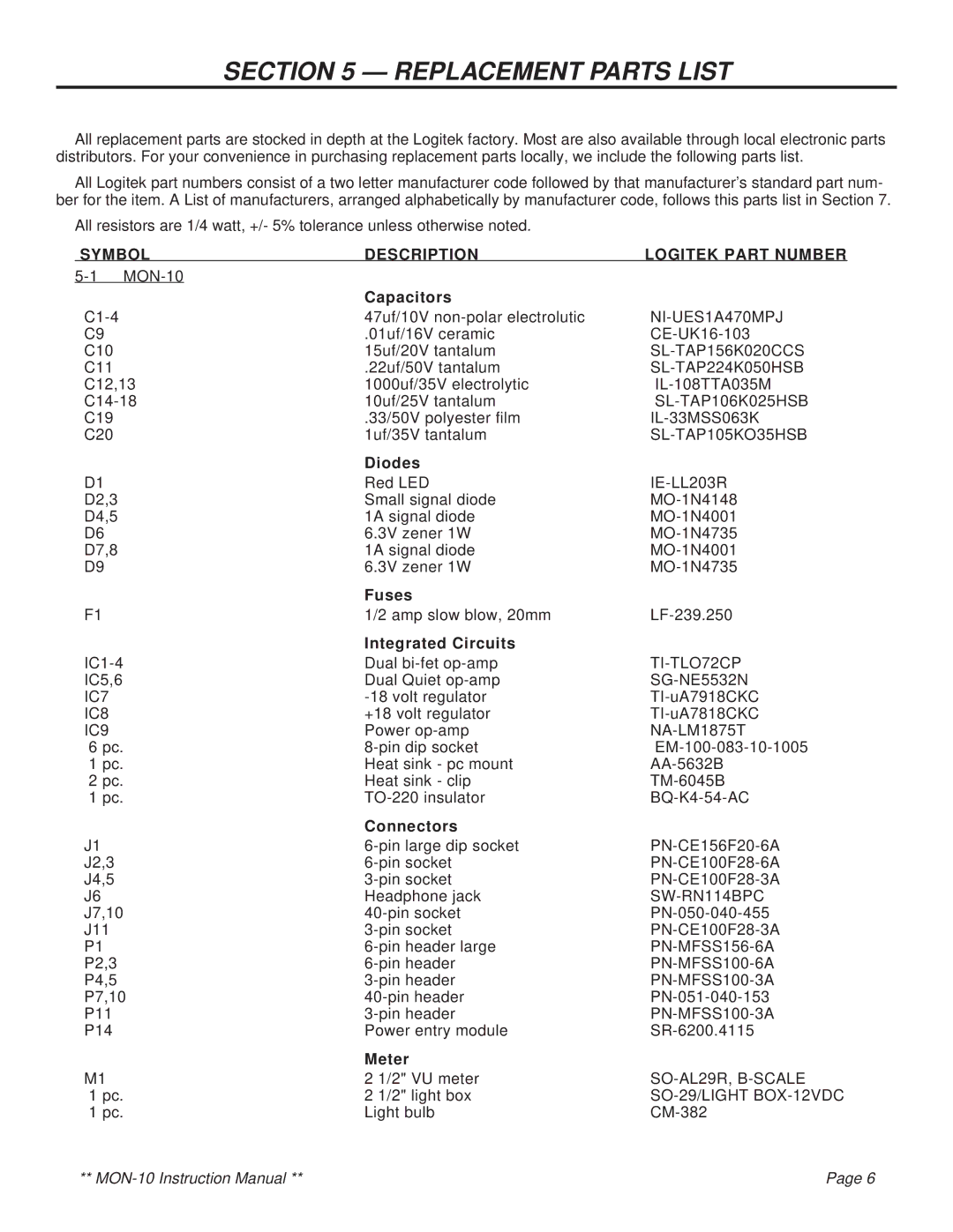 Logitek Standard Elec. Cable Manufacturing MON-10 service manual Replacement Parts List 