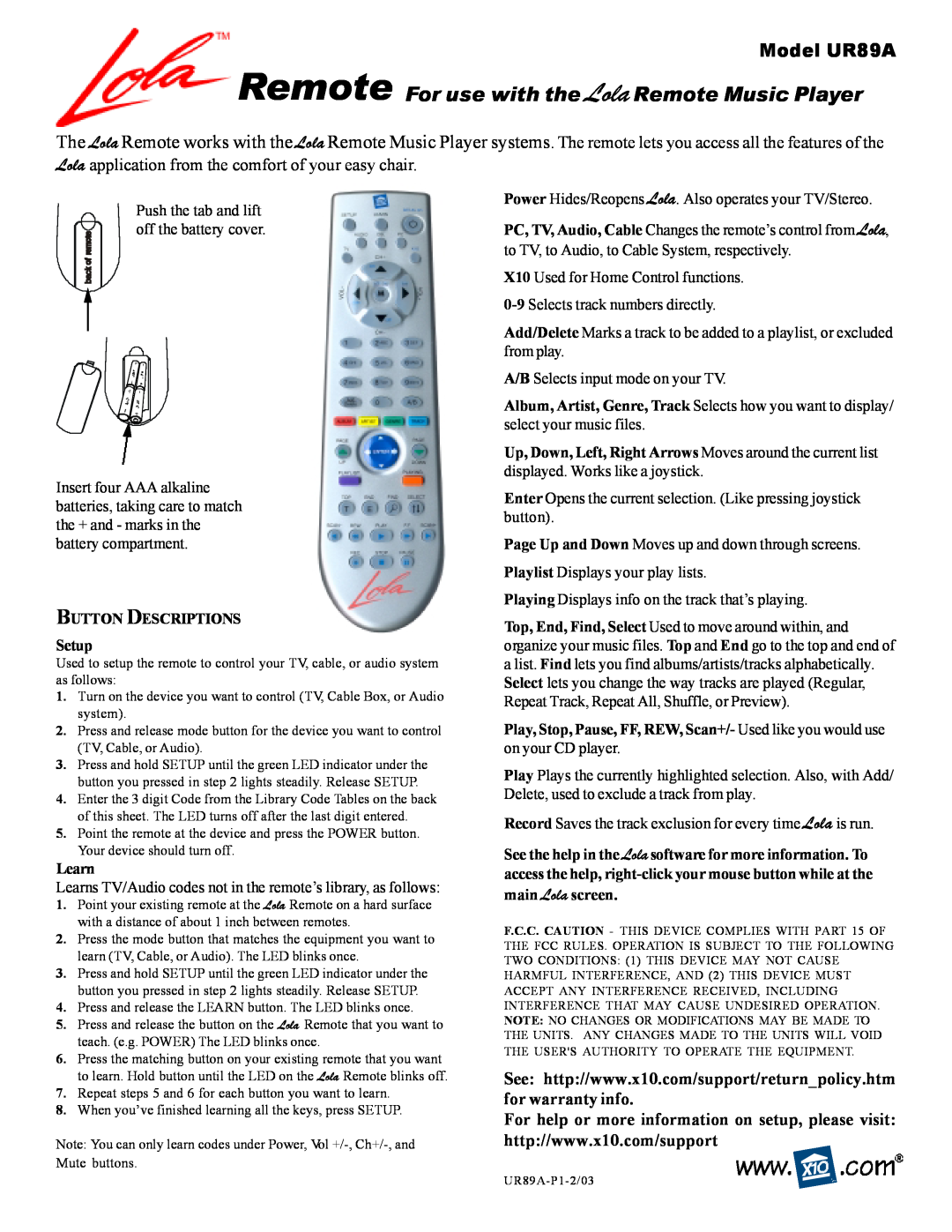 Lola Products manual Remote For use with the Lola Remote Music Player, Model UR89A, BUTTON DESCRIPTIONS Setup, Learn 