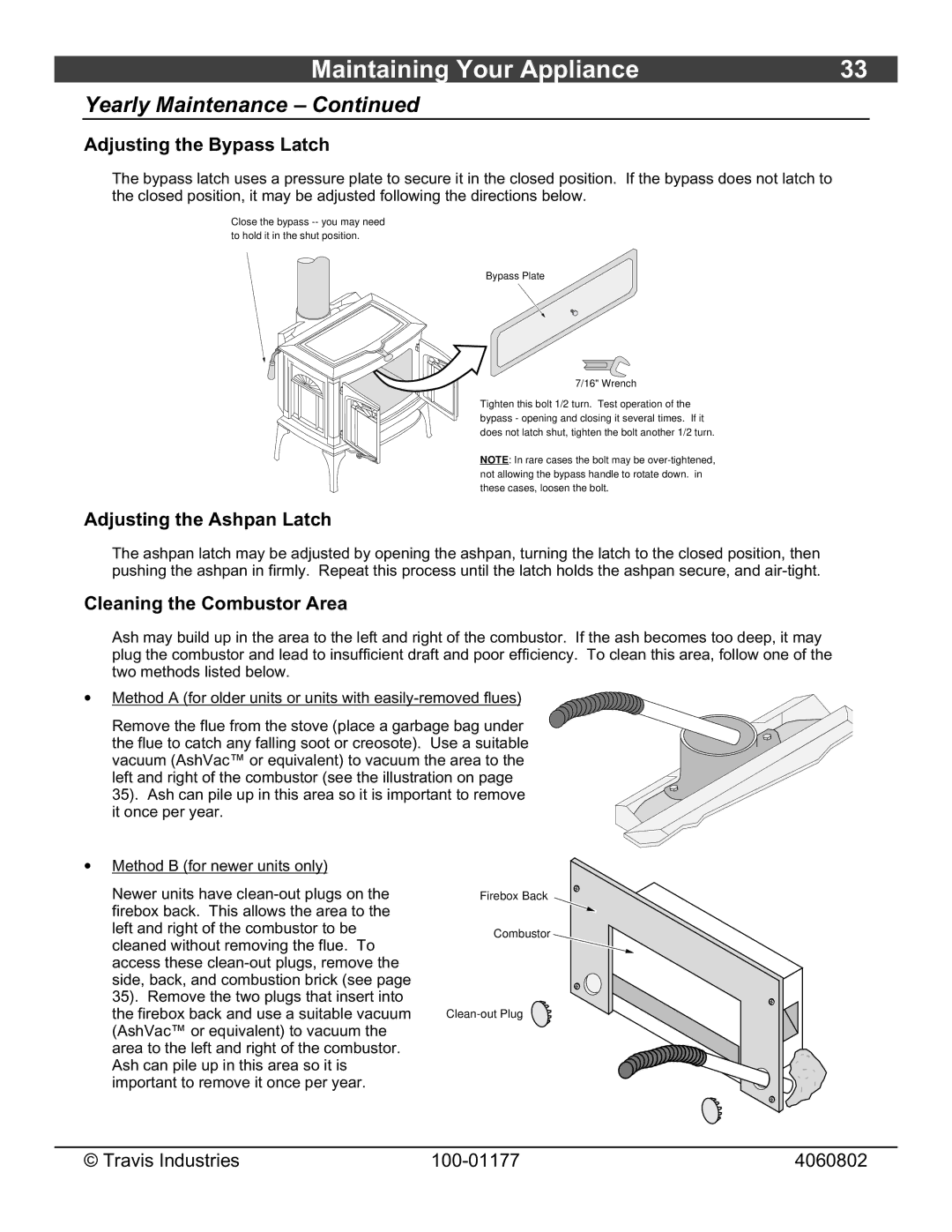 Lopi 028-S-75-2 owner manual Adjusting the Bypass Latch, Adjusting the Ashpan Latch, Cleaning the Combustor Area 