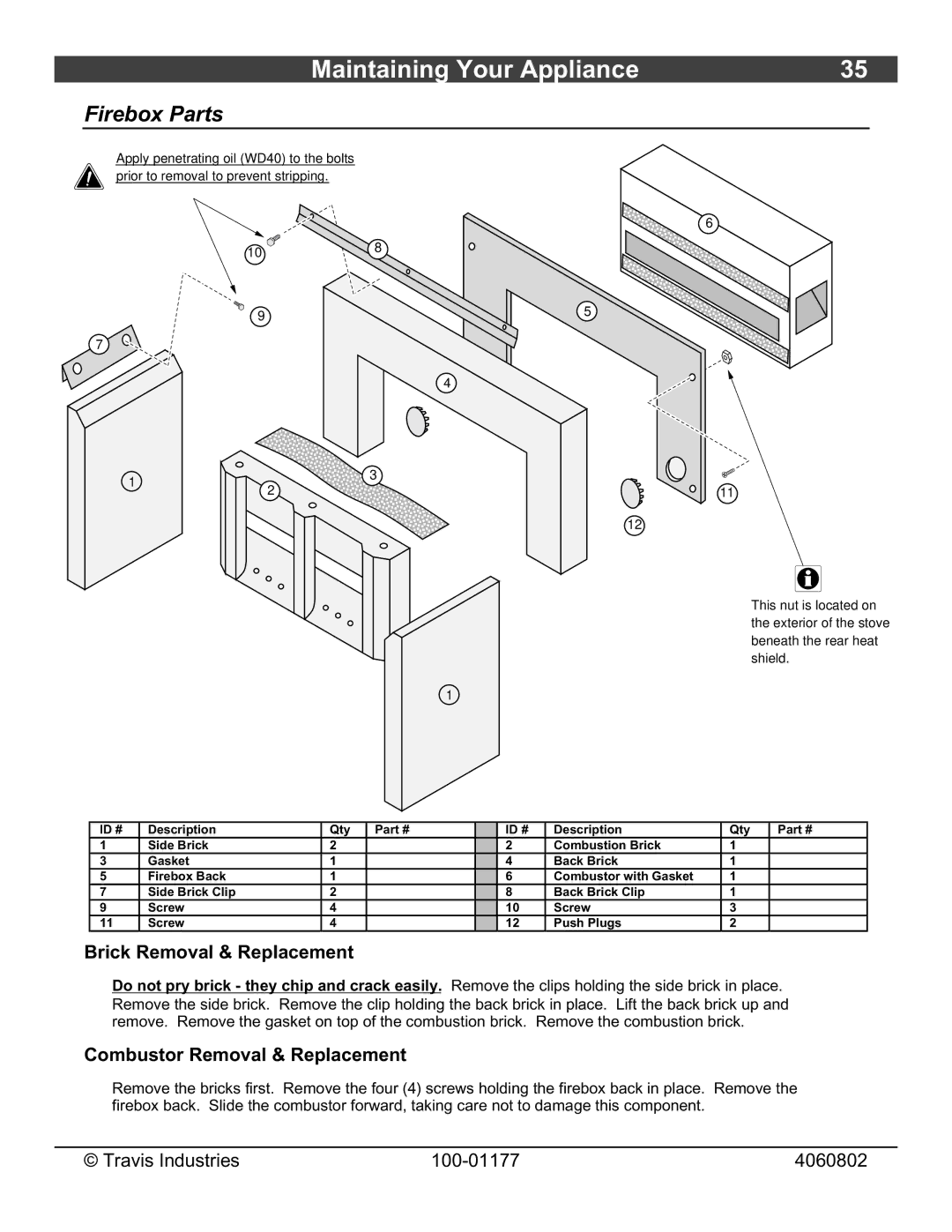 Lopi 028-S-75-2 owner manual Firebox Parts, Brick Removal & Replacement, Combustor Removal & Replacement 