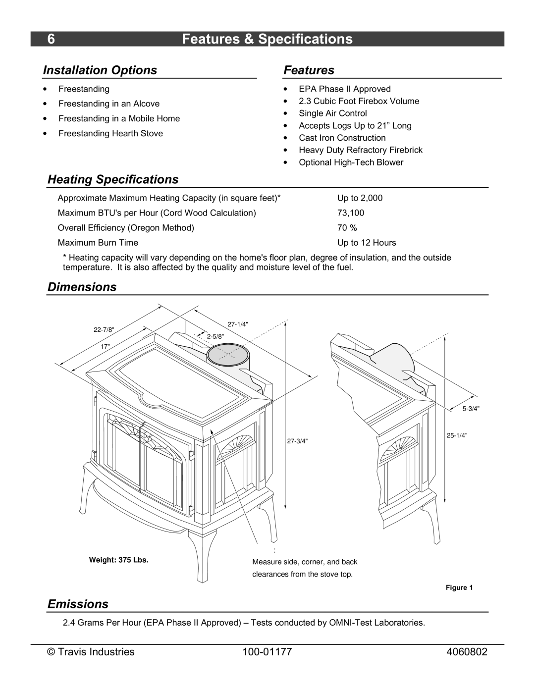 Lopi 028-S-75-2 Features & Specifications, Installation Options Features, Heating Specifications, Dimensions, Emissions 