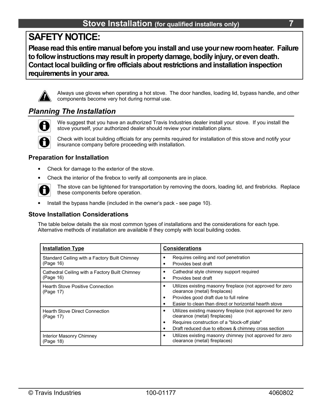 Lopi 028-S-75-2 owner manual Planning The Installation, Preparation for Installation, Stove Installation Considerations 