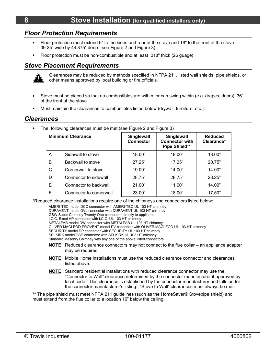 Lopi 028-S-75-2 owner manual Floor Protection Requirements, Stove Placement Requirements, Clearances 