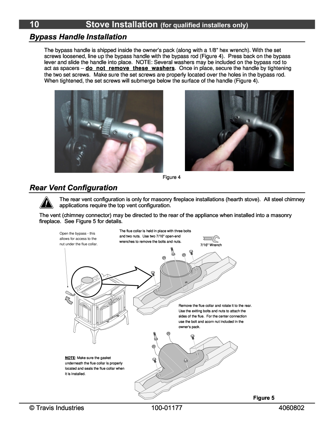 Lopi 028-S-75-2 Bypass Handle Installation, Rear Vent Configuration, Stove Installation for qualified installers only 