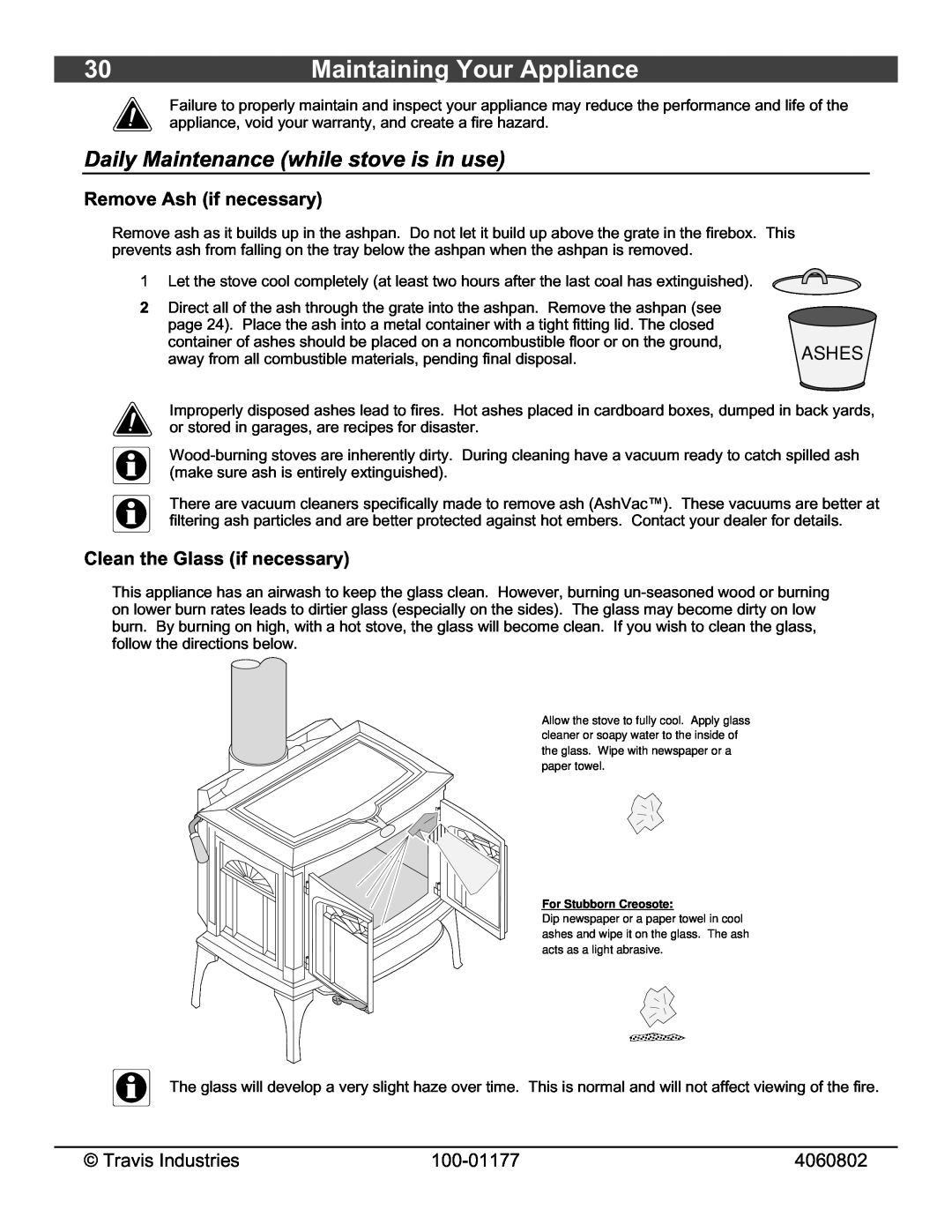 Lopi 028-S-75-2 owner manual Maintaining Your Appliance, Daily Maintenance while stove is in use, Remove Ash if necessary 