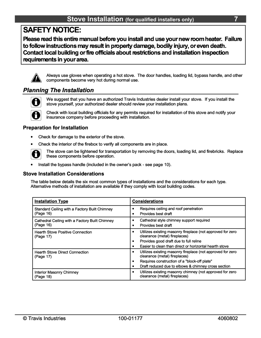 Lopi 028-S-75-2 Safety Notice, Planning The Installation, Stove Installation for qualified installers only, Considerations 