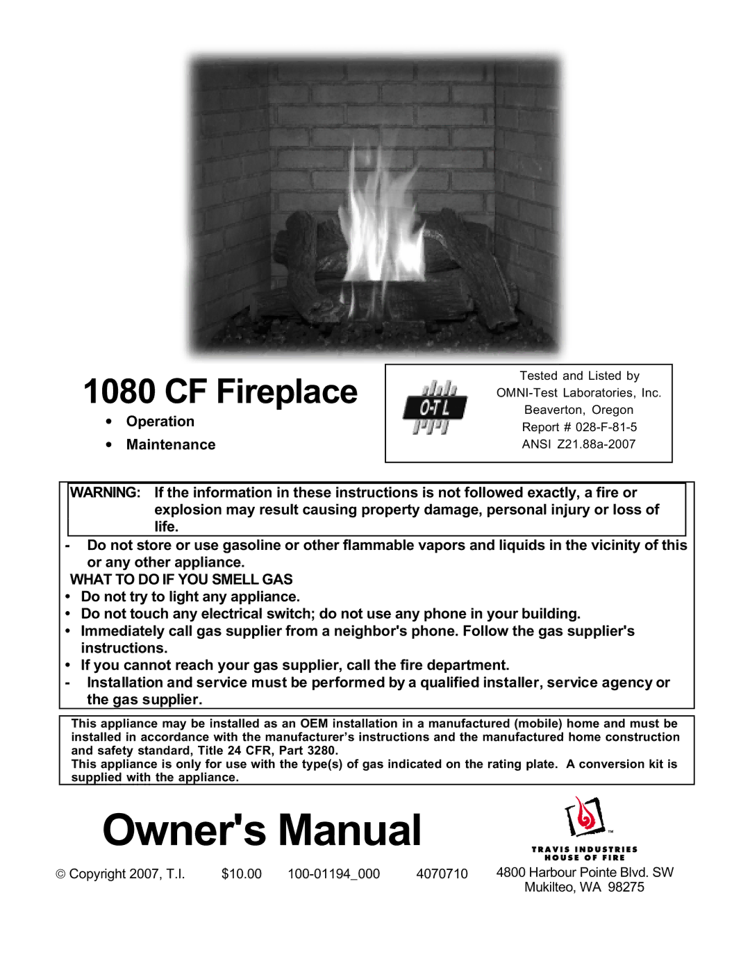 Lopi 1080 owner manual CF Fireplace, Operation Maintenance 