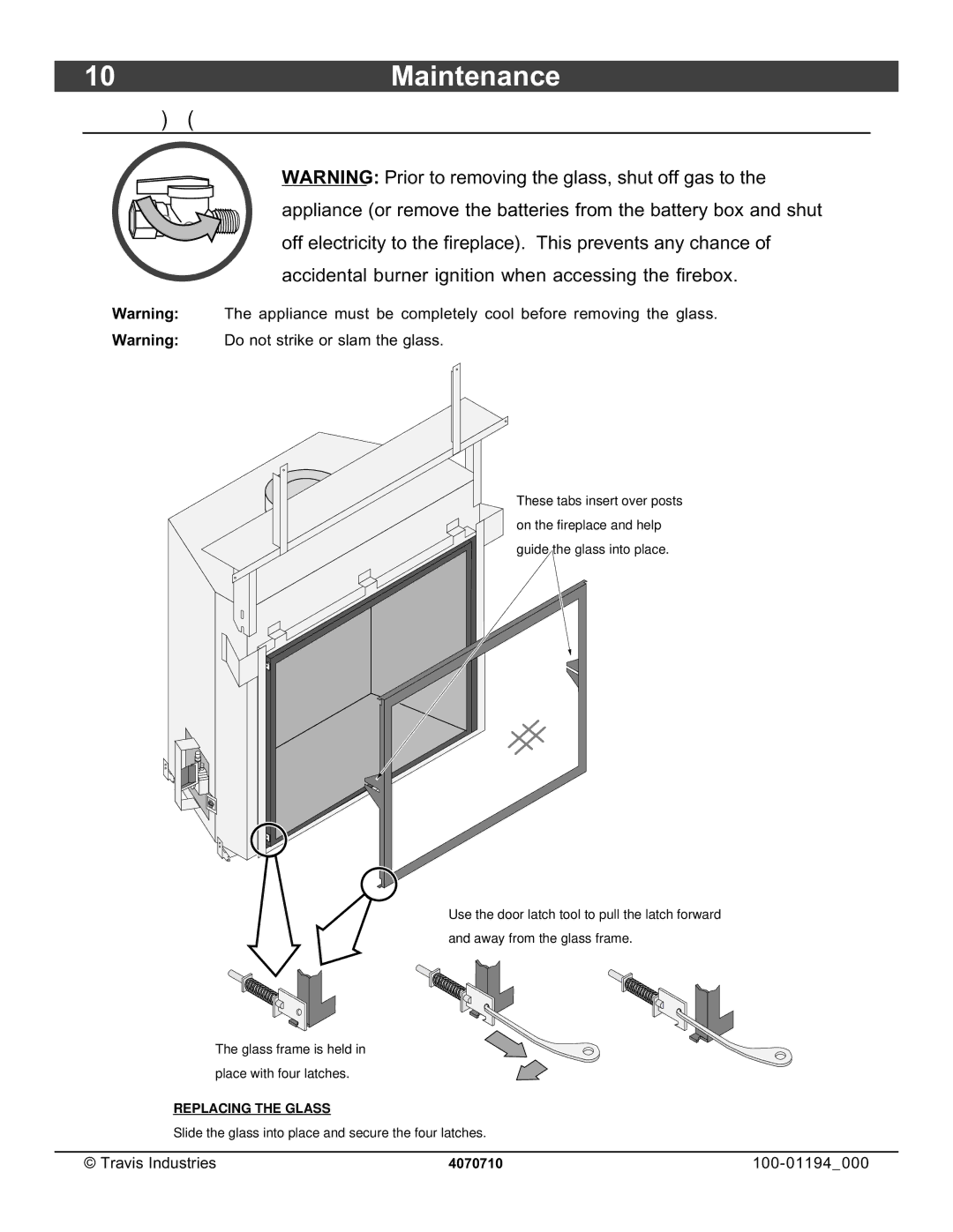 Lopi 1080 owner manual 10Maintenance, Glass Frame Removal and Installation 