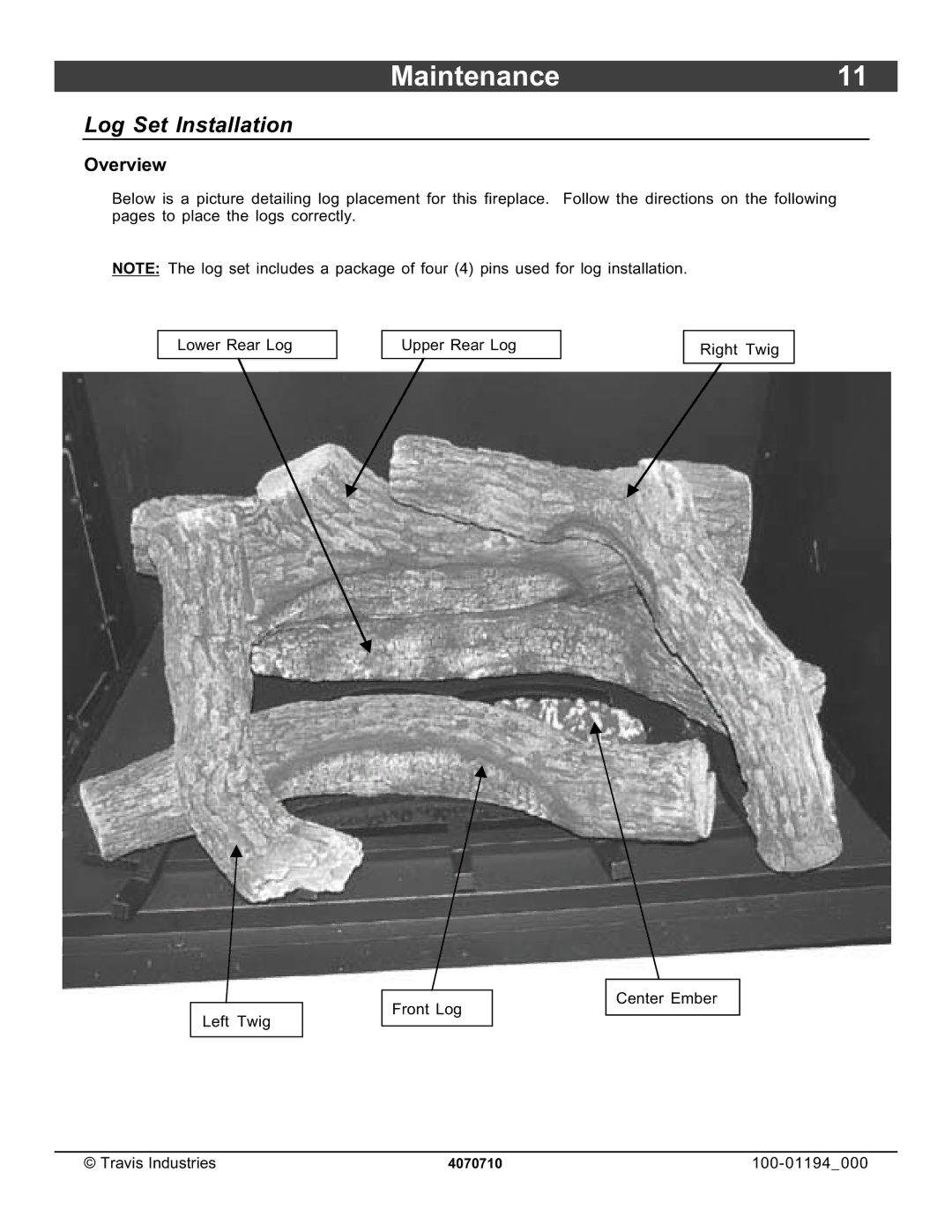 Lopi 1080 owner manual Maintenance11, Log Set Installation, Overview 