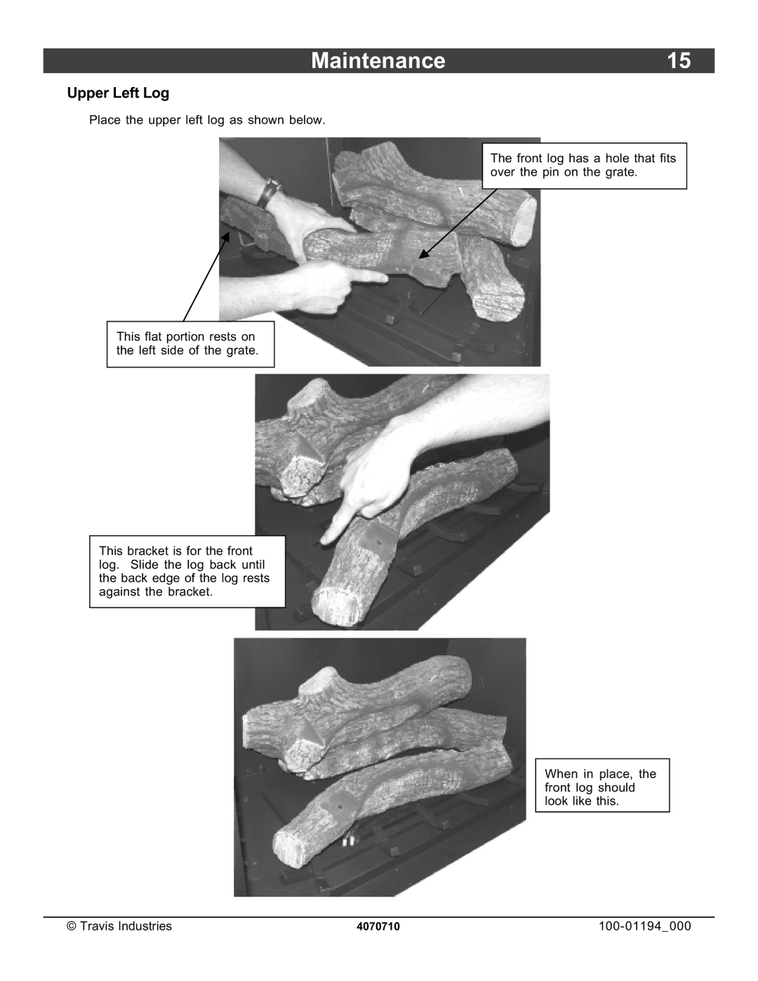 Lopi 1080 owner manual Maintenance, Upper Left Log 