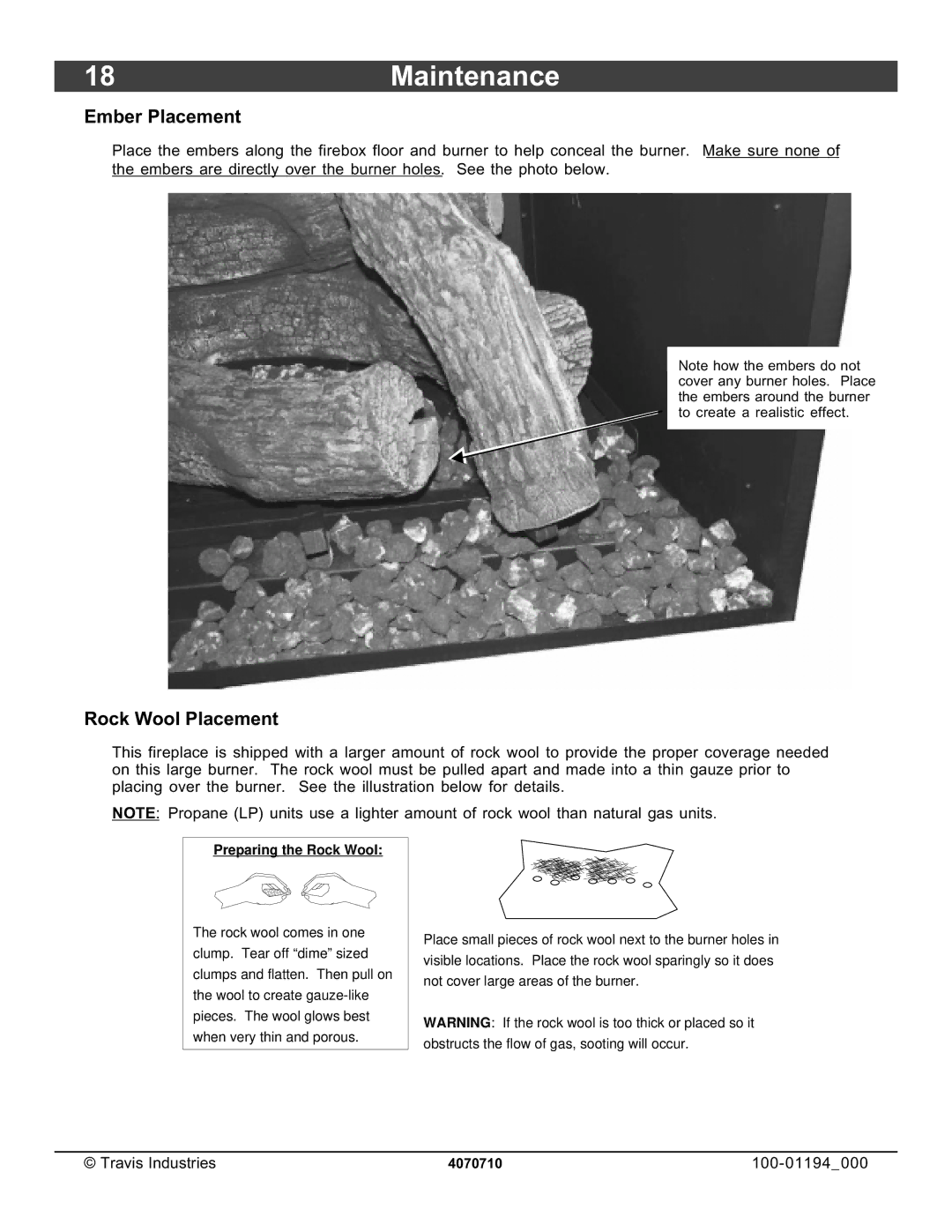 Lopi 1080 owner manual 18Maintenance, Ember Placement, Rock Wool Placement 