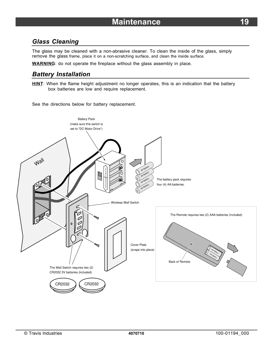 Lopi 1080 owner manual Maintenance19, Glass Cleaning, Battery Installation 