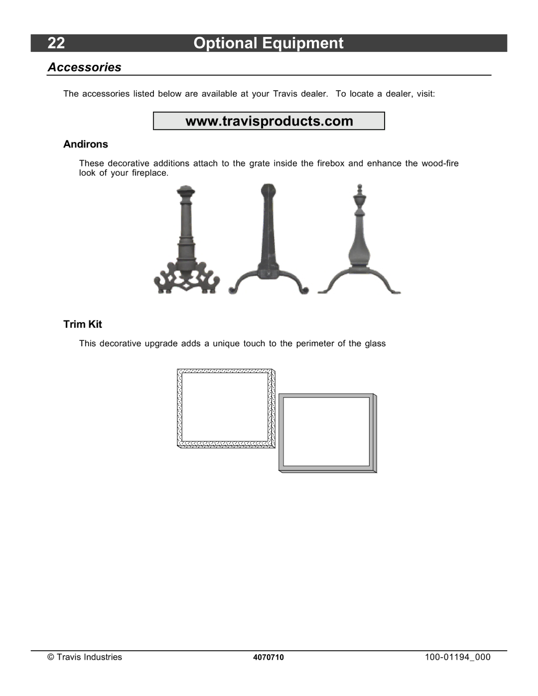 Lopi 1080 owner manual Optional Equipment, Accessories, Andirons, Trim Kit 