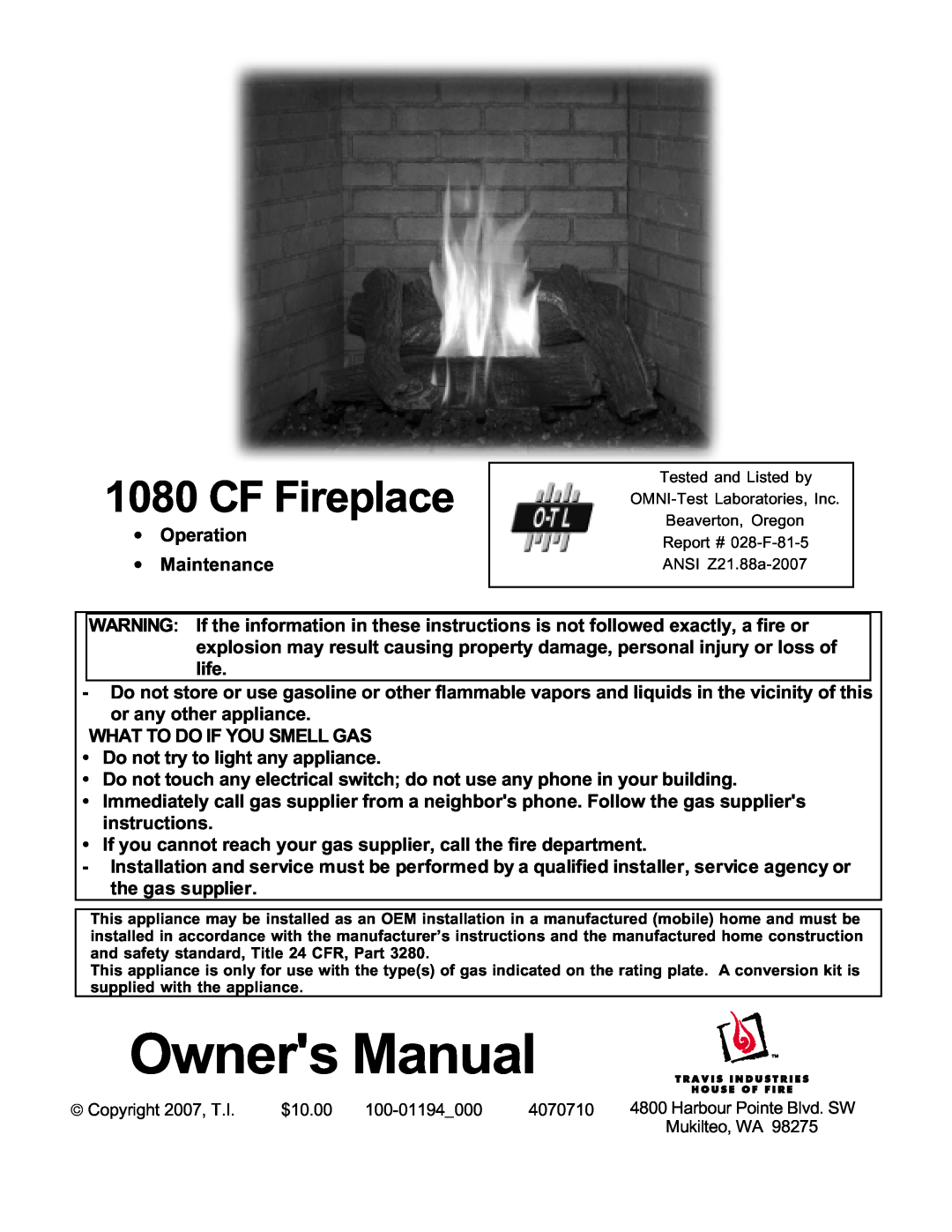 Lopi 1080 owner manual Owners Manual, CF Fireplace 