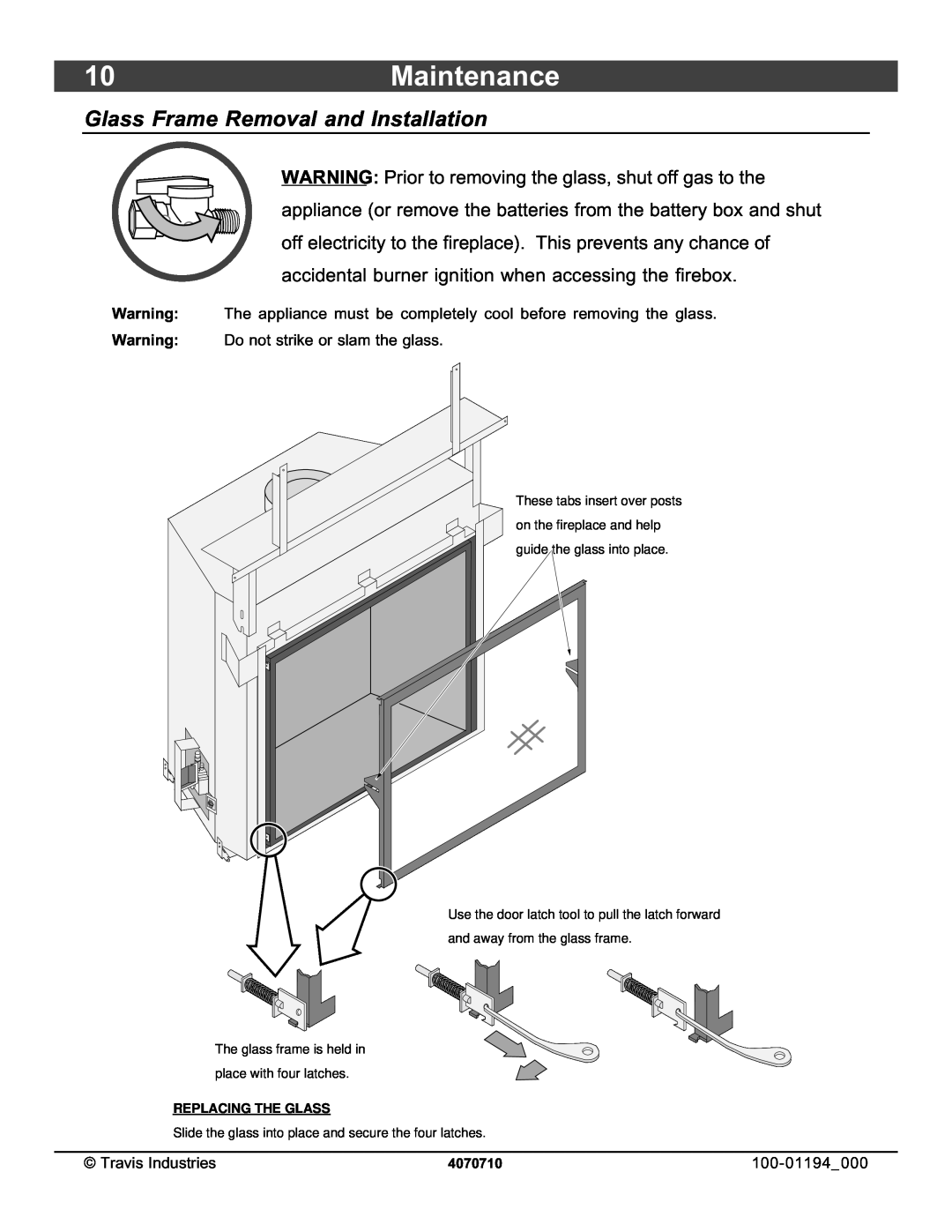 Lopi 1080 owner manual 10Maintenance, Glass Frame Removal and Installation 