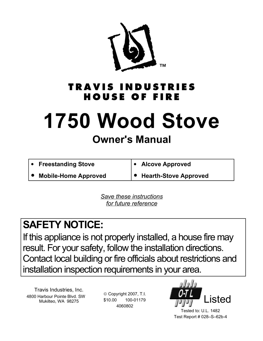 Lopi 1750 owner manual Wood Stove 