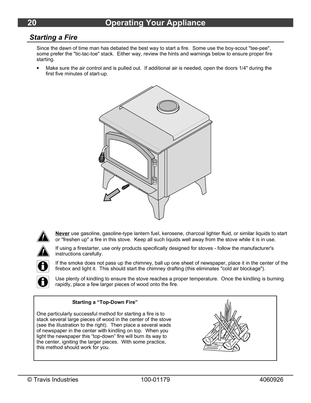 Lopi 1750 owner manual Starting a Fire, Starting a Top-Down Fire 