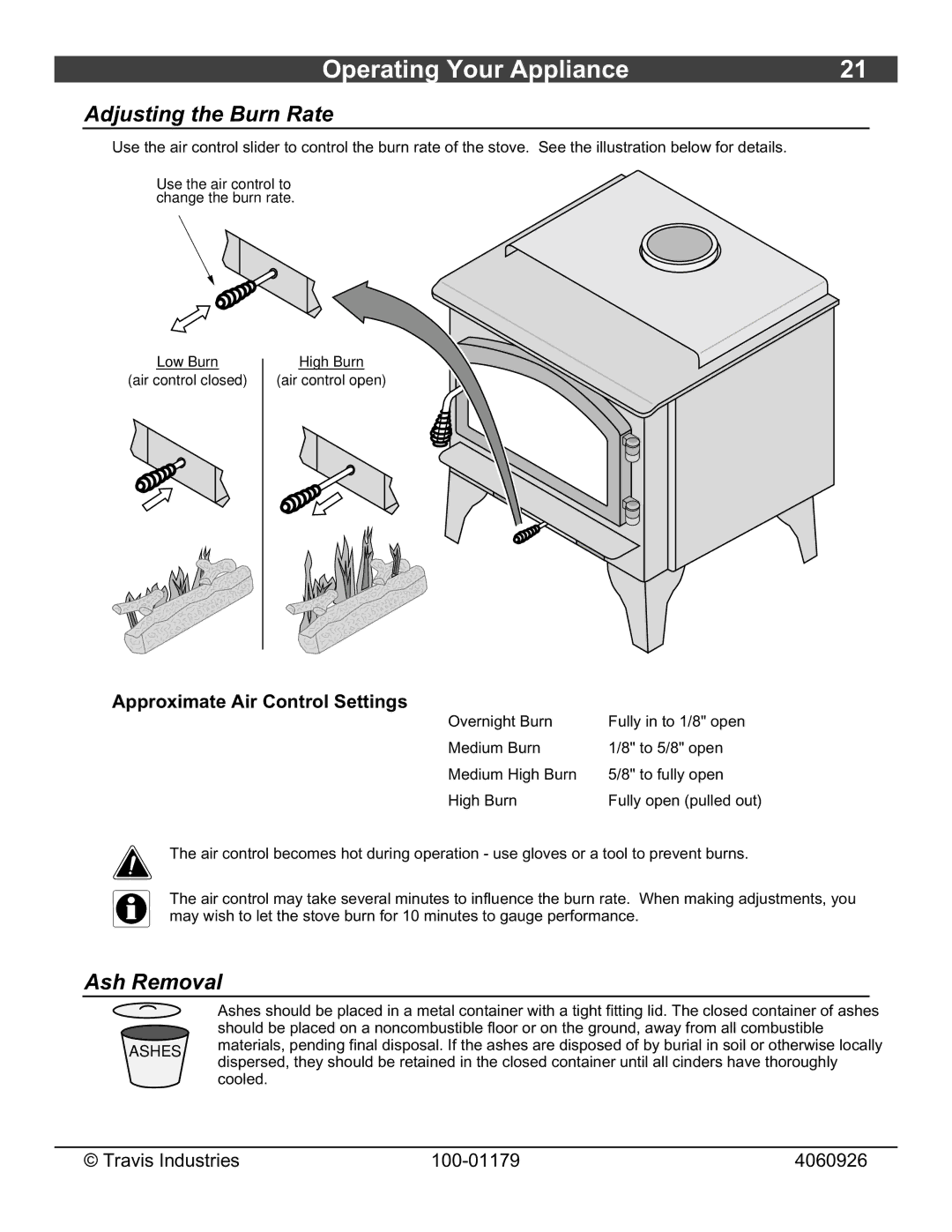 Lopi 1750 owner manual Adjusting the Burn Rate, Ash Removal, Approximate Air Control Settings 