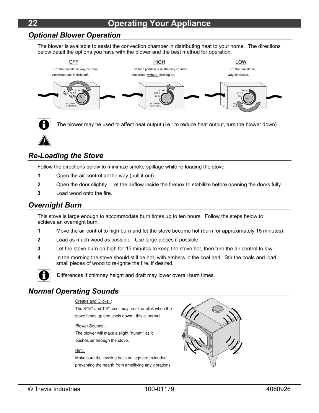 Lopi 1750 owner manual Optional Blower Operation, Re-Loading the Stove, Overnight Burn, Normal Operating Sounds 