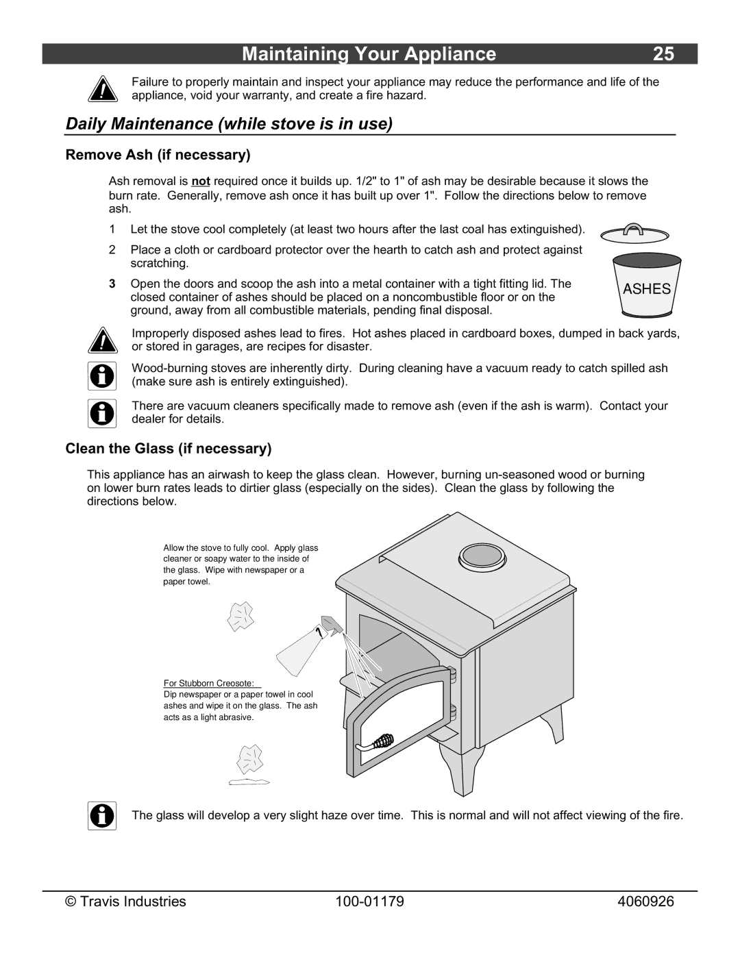 Lopi 1750 owner manual Maintaining Your Appliance, Daily Maintenance while stove is in use, Remove Ash if necessary 