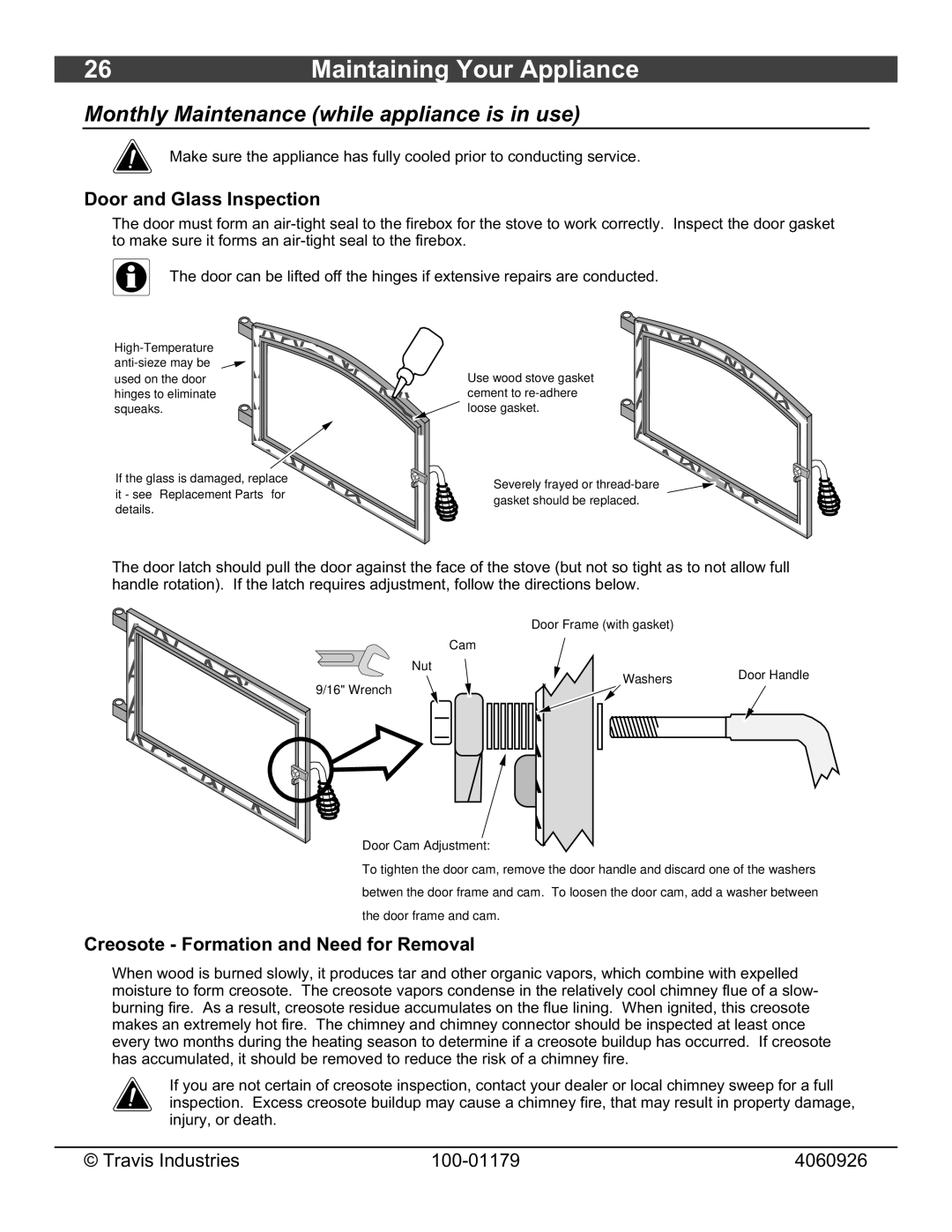 Lopi 1750 owner manual Monthly Maintenance while appliance is in use, Door and Glass Inspection 