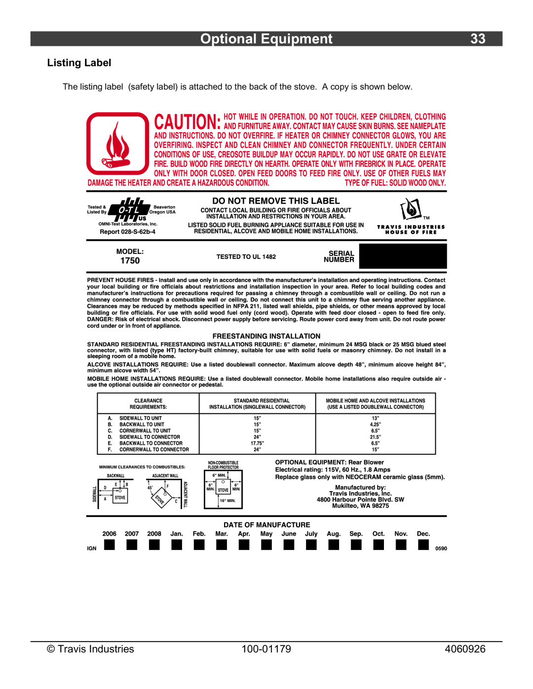 Lopi 1750 owner manual Optional Equipment, Listing Label 