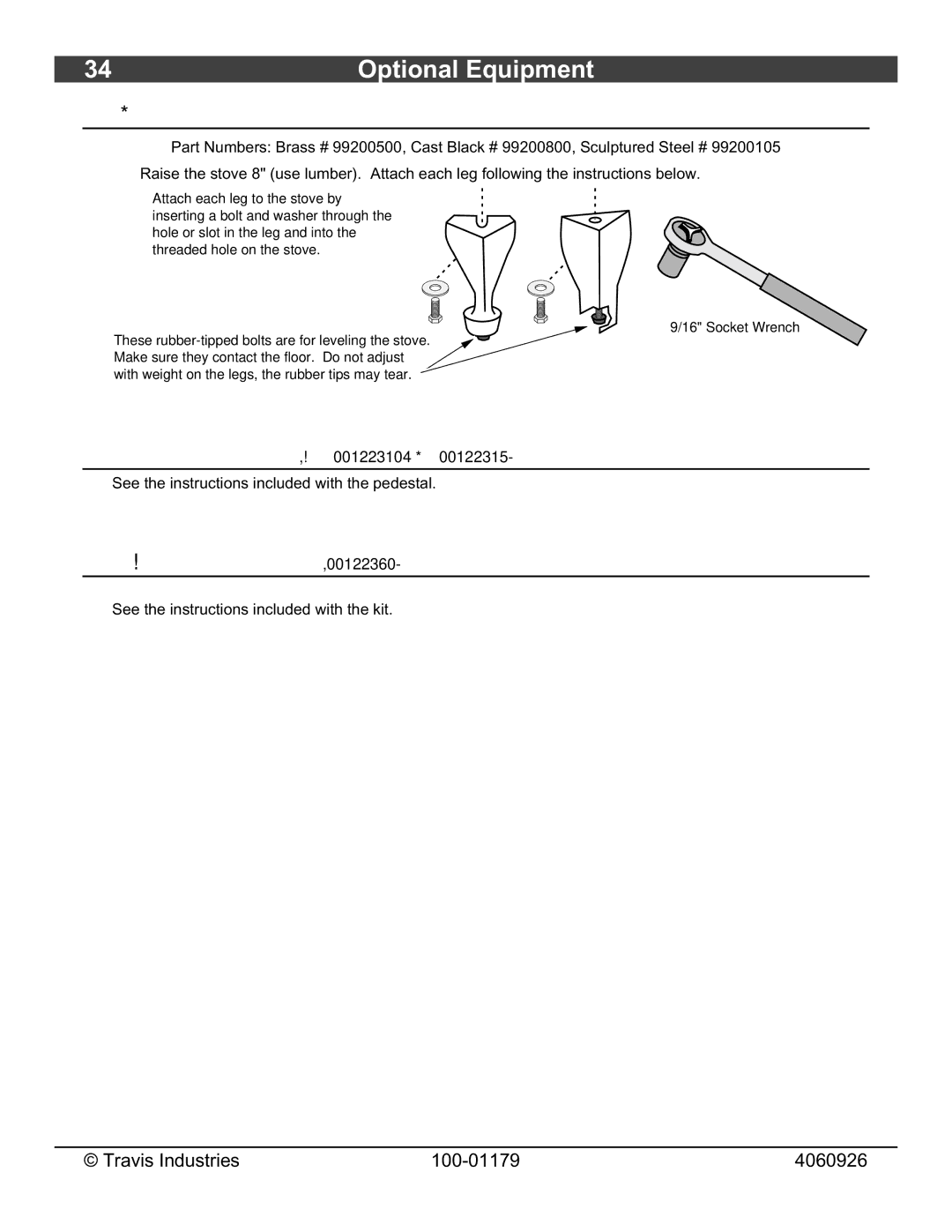 Lopi 1750 owner manual Stove Leg Installation, Outside Air Connector 