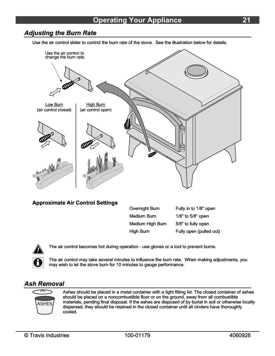 Lopi 1750 owner manual Operating Your Appliance, Adjusting the Burn Rate, Ash Removal, Approximate Air Control Settings 