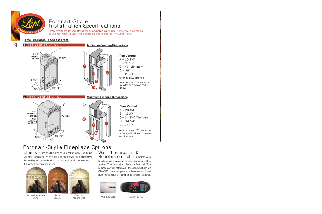 Lopi 21 TRV manual PORTRAIT-STYLE Installation Specifications, PORTRAIT-STYLE Fireplace Options, Wall Thermostat 