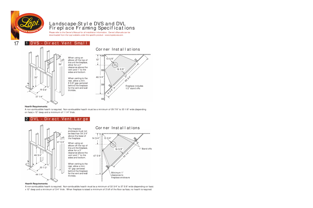 Lopi 21 TRV manual LANDSCAPE-STYLE DVS and DVL Fireplace Framing Specifications, Corner Installations 