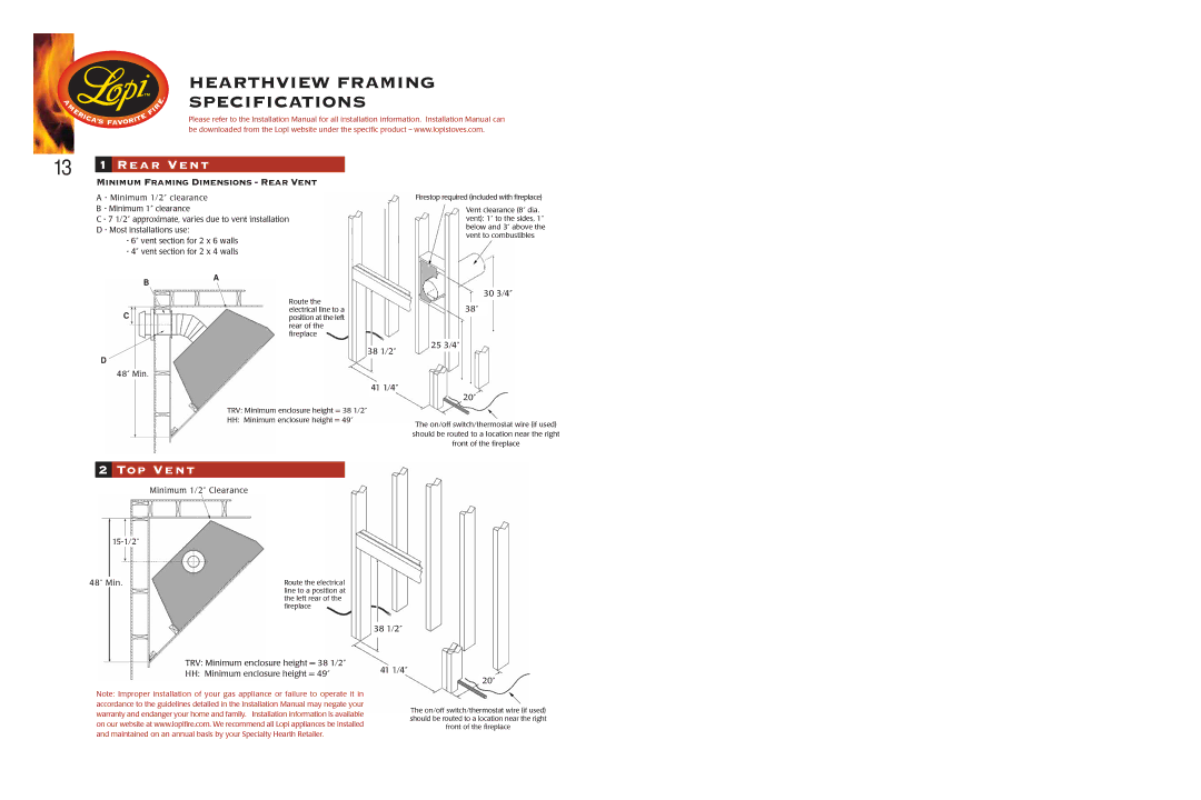 Lopi 864 HH manual Hearthview Framing Specifications, 13 1 Rear Vent 