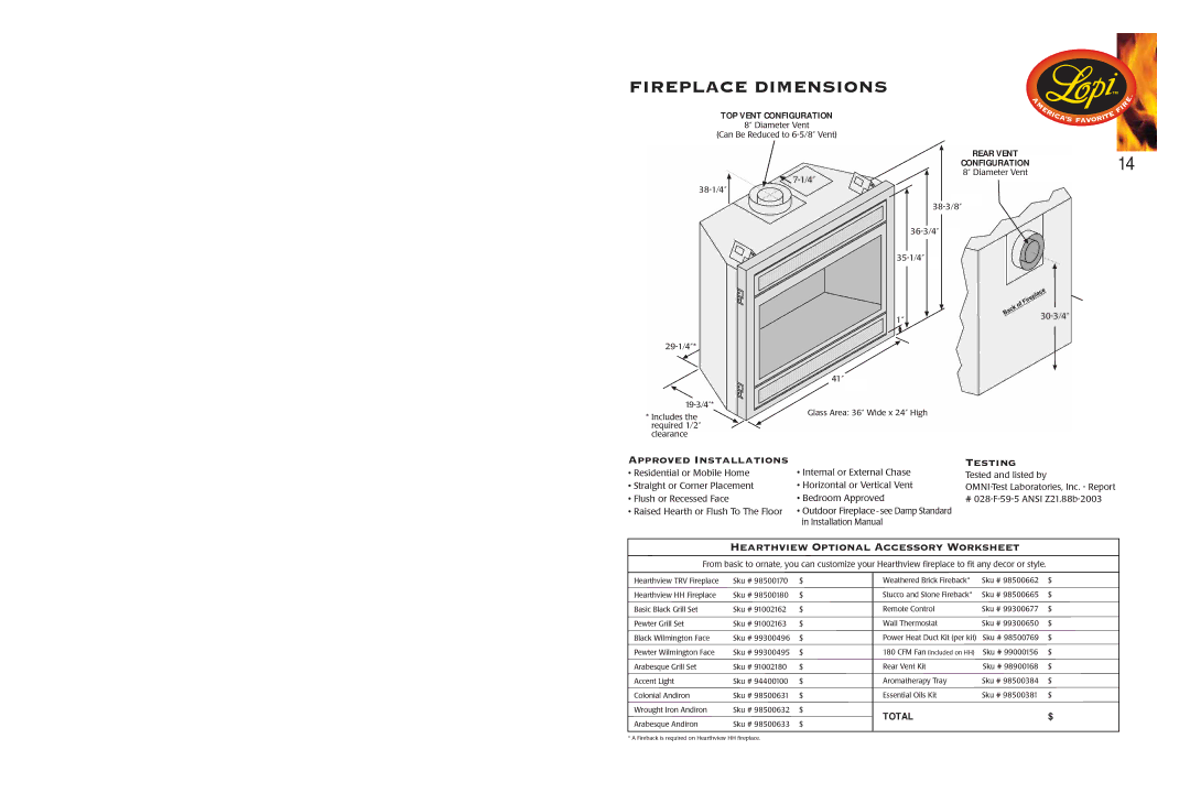 Lopi 864 HH manual Fireplace Dimensions, Hearthview Optional Accessory Worksheet 