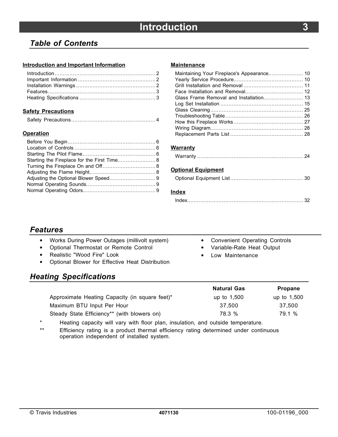 Lopi 864 ST owner manual Introduction3, Table of Contents, Features, Heating Specifications 